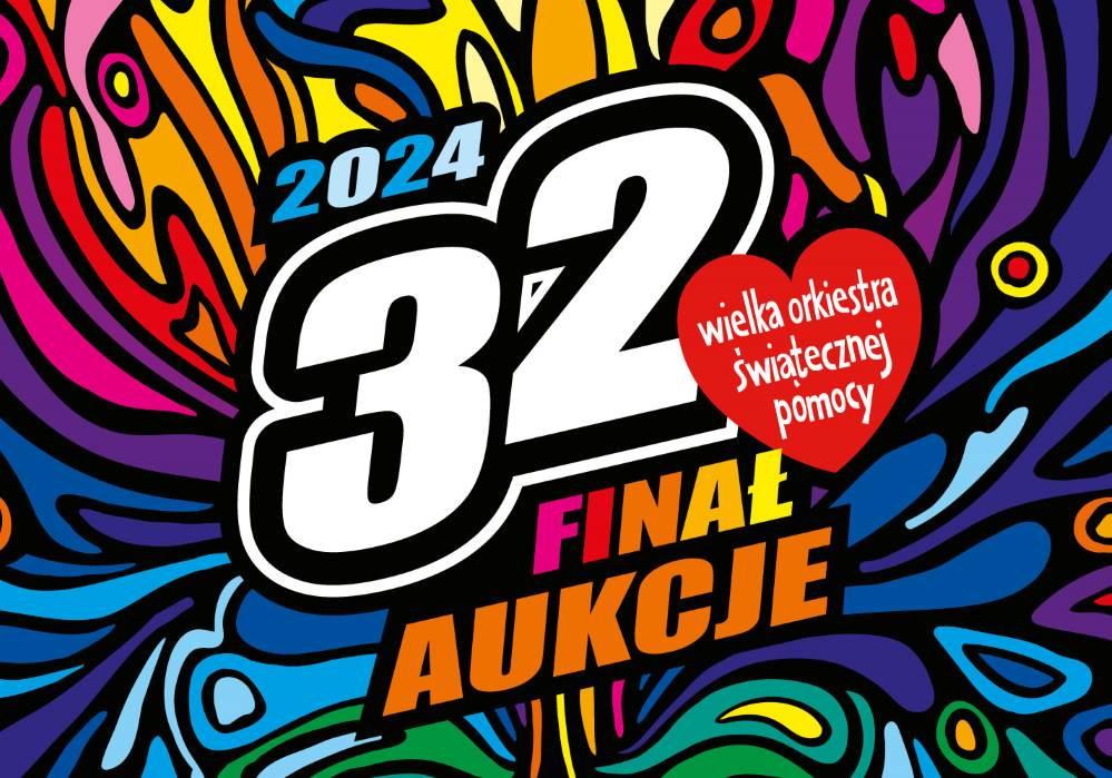 Wielokolorowa grafika, niebieskie cyfry "2024", białe "32" i napis "FINAŁ AUKCJE" (litery pomarańczowe, żółte i różowe" oraz czerwone serce z białym napisem "wielka orkiestra świątecznej pomocy"